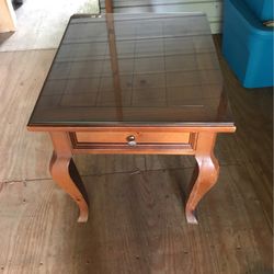 Used Wood Square End Table With Glass Top