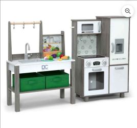Children Wooden Corner Play Kitchen Playset with Lights, Oven, Sink, Refrigerator & Ice Maker, 20-Pi