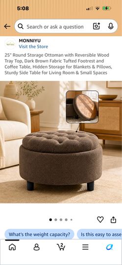 24" Round Storage Ottoman with Reversible Wood Tray Top-BROWN-WOVEN