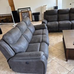 Gray Power Reclining Sofa Set, Two 3-Seat Sofas