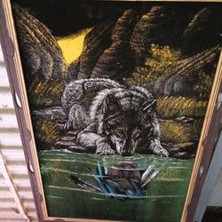 Vintage 70s Sanchez velvet wolf painting print