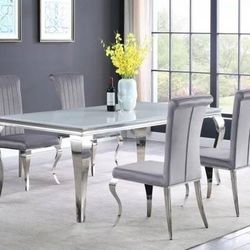 Carone-5Piece Rectangular Dining Set(White Table Top)Gray And Chrome 
