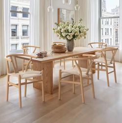 Set of 4 Wagner Natural Color Solid wood Wishbone Dining Chairs with Handcrafted Woven Seat
