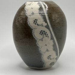 Vessel shaped vase MCM Glazed Pottery Flower Design Signed 