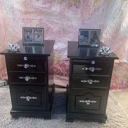 Classic Style Wooden Nightstands Or Side Tables Colors Black And Silver With Crystal Decals Set Has Been Refurbished!🌺
