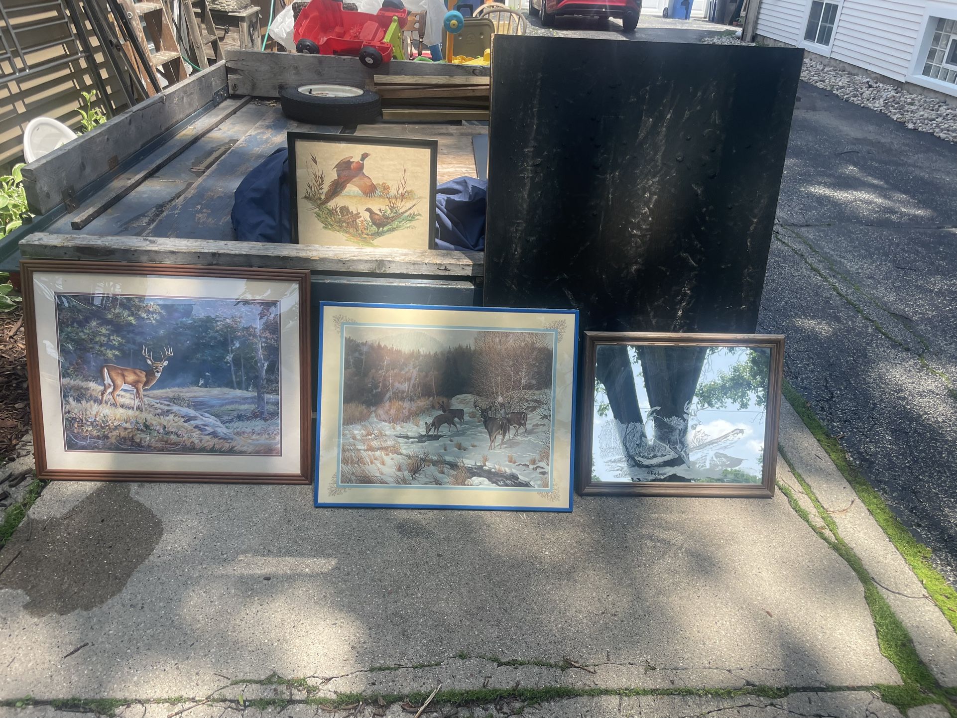 Deer Pictures and Etched Deer Mirror, 30by24, , 28 by22, mirror is 22 by18, $5 each