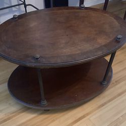 Antique Round Coffee Table - Wood And Brass