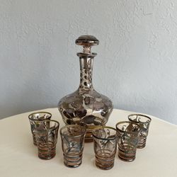Vintage 1930s Italian Floral Decanter and Shot Glasses with Silver Overlay