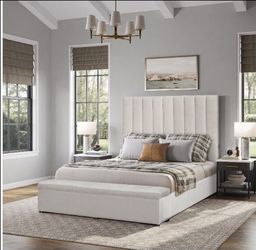 ⚜️ Brand New Upholstered Beige Tall Headboard Storage Platform King & Queen Size Bed Frame - Mattress | Pay After Delivery 🚚