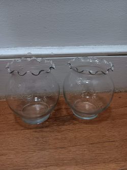 A Pair Of Clear Glass Bowl Fish Viewing, Candle Holder, Ruffled Edge 5.5"
