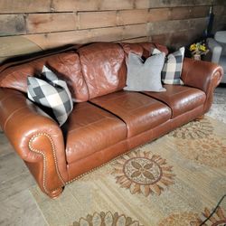 Benchcraft Aniline Leather Sofa – Nailhead Trim, Real Vintage Brown, Classic Rolled Arms!  
