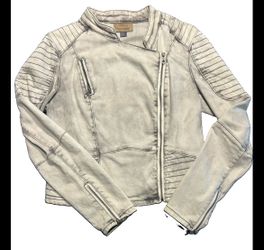 GUESS Women’s Medium Gray Denim Moto Biker Jacket Asymmetrical Zip Stretch