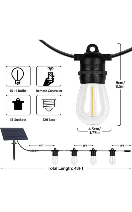 BesLowe 48FT S14 Solar String Lights Outdoor with Remote Controller, Solar Powered Patio Lights Waterproof with LED Edison Bulbs, Dimmable Hanging Lig