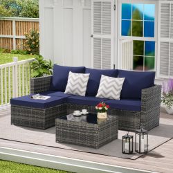 2 Pieces Patio Furniture Set,Outdoor Woven Sectional L- Shaped Patio Furniture ,Wicker Conversation Set with Ottoman, Detachable Lounger Table for Bac
