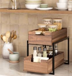 Seville Classics Acacia Wood Sliding 2-Tier Bin Organizer Brand New