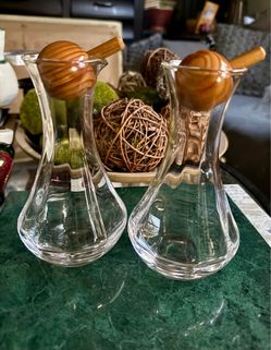 Wonderful Pair of Glass Cruets / Carafes with Round Wooden Ball Toppers Great for oil and vinegar, win, sauces etc