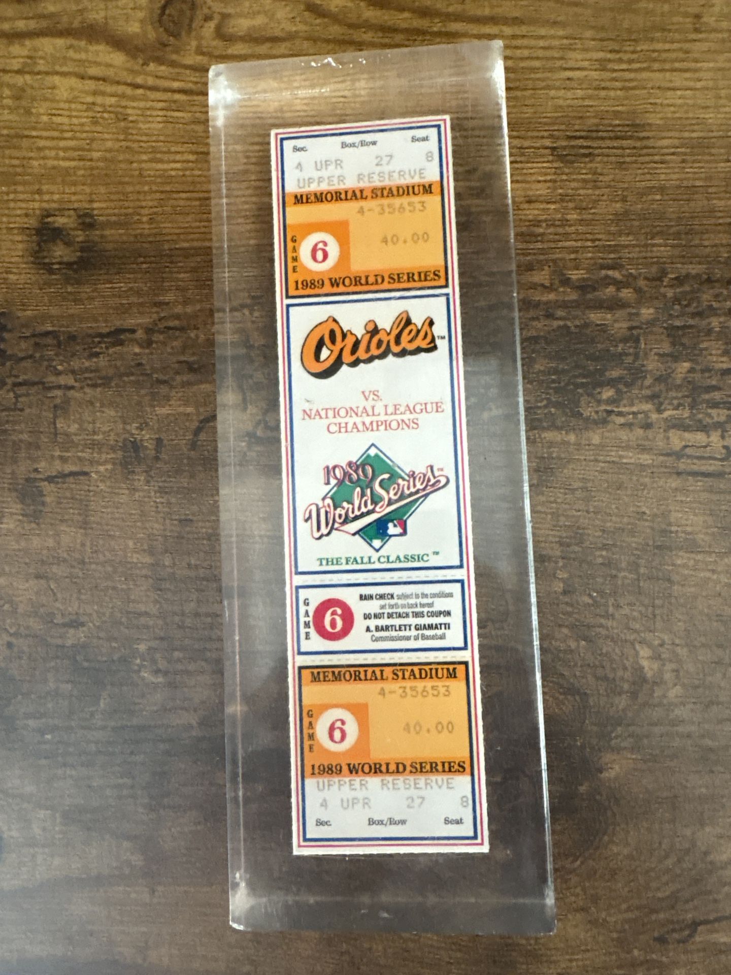 🧡 1989 World Series Phantom Tickets – Orioles Game 6 – Laminated Display