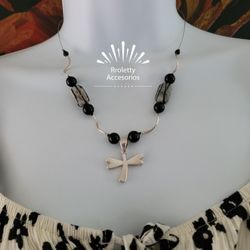 Sterling Silver 925 Necklace With Butterfly Pendant And Onyx Stones