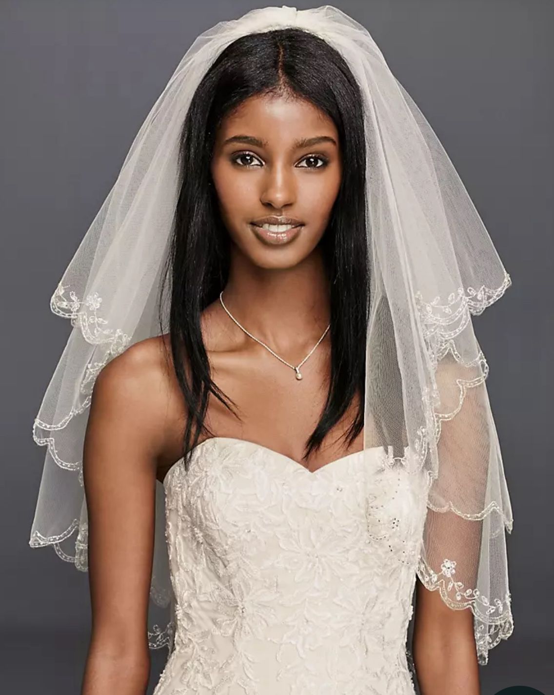 David’s Bridal Fingertip Length Two-Tier Veil with Scallop Edge- Champagne
