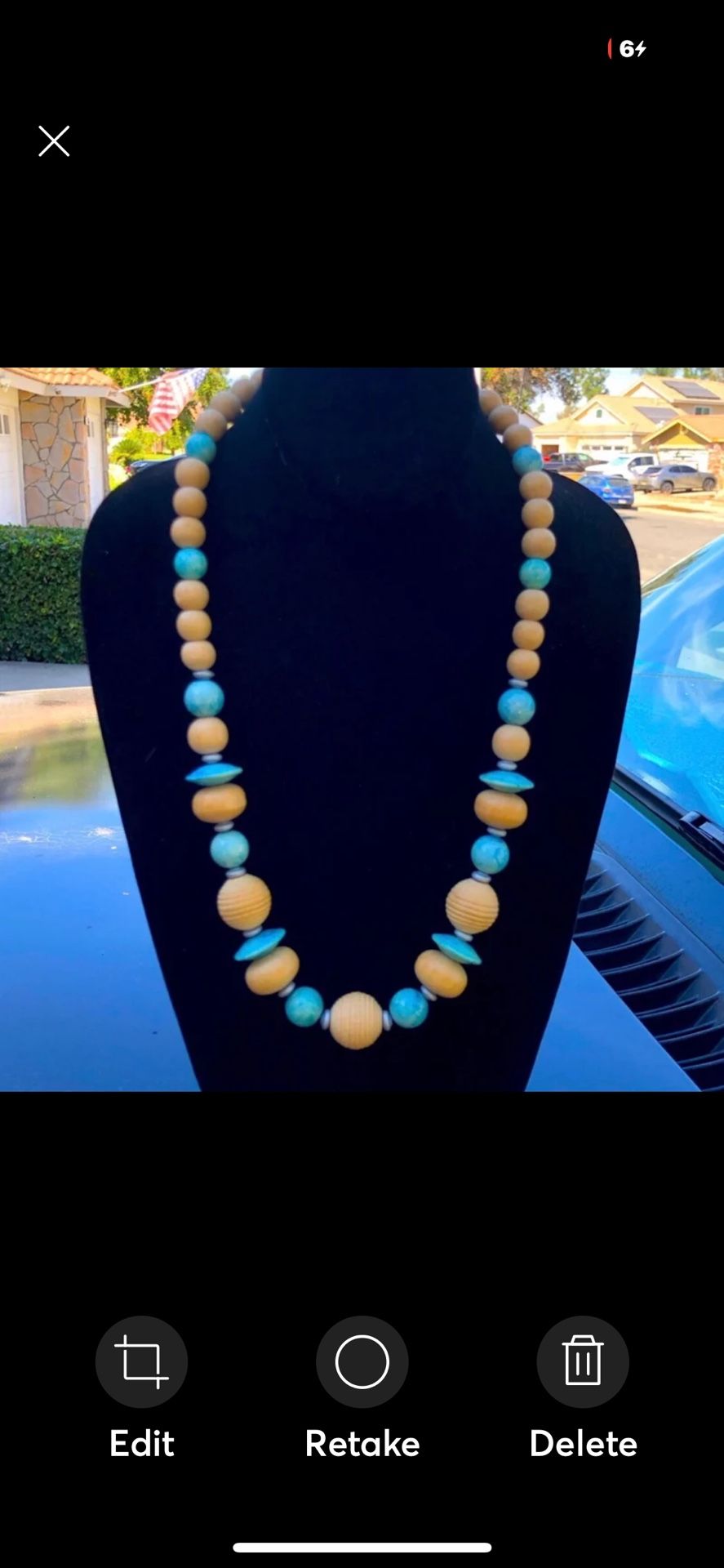 Long Blue Agate And Wood Bead Necklace