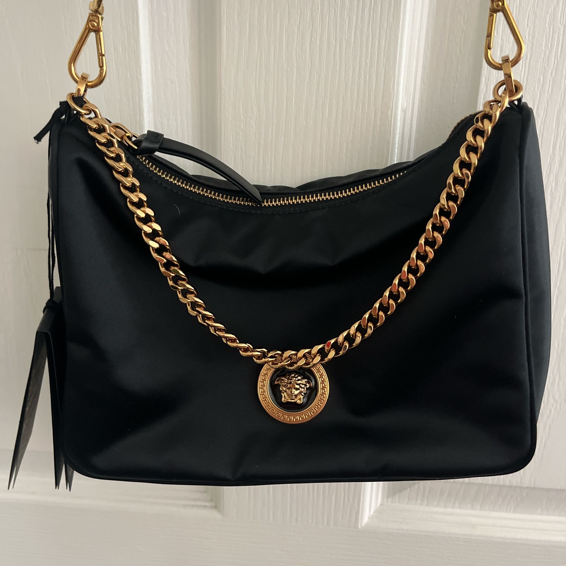 Black Versace shoulder bag with gold chain #glamour Brand new authentic absolutely stunning! VERSACE Nylon Medusa Tribute Chain Hobo Bag Comes with