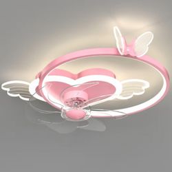 Butterfly Ceiling Fan with Light Pink Ceiling Fan with Light for Girls Room Heart Shape Dimmable LED Fan Light with Remote Control Kids Bedroom Ceilin
