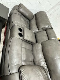 Gray Leather Reclining Sofa with Cup Holders