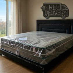 New Bed Frame King size Vinyl upholstery mattress king size with box spring set FREE DELIVERY // KING SIZE BED FRAME