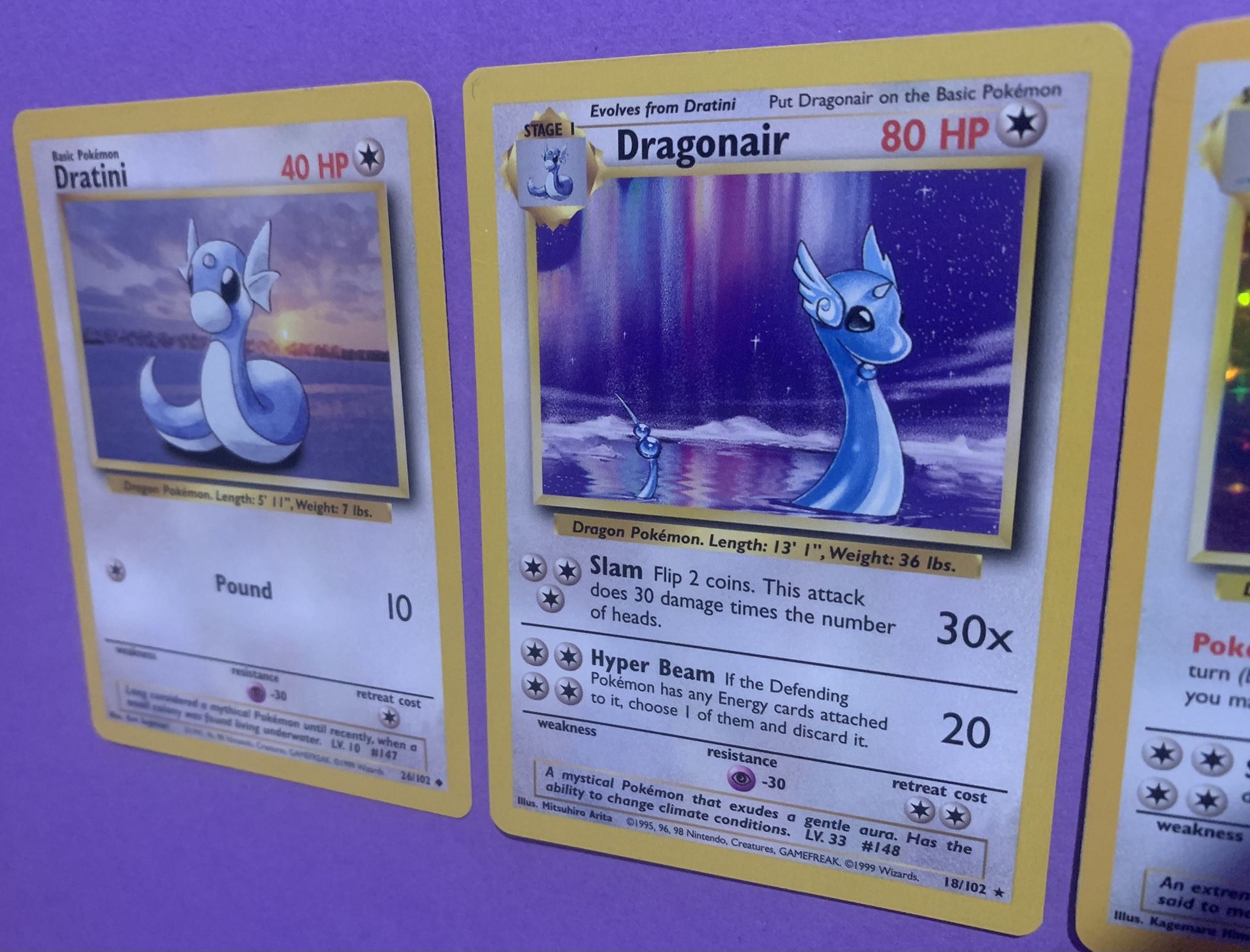 Rare Dragonite Holo, Dragonair and Dratini Vintage Pokmon Card Set  Collectible