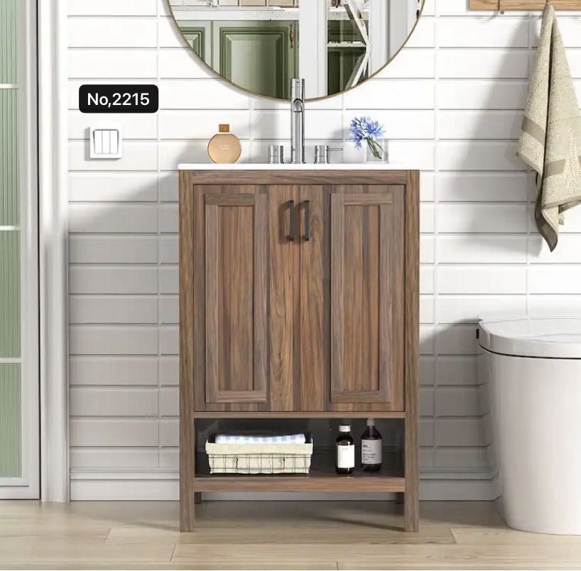 24" Wood Vanity Cabinet Set With Ceramic Sink, 2 Doors and Open Shelf - Modern Black Bathroom Sink Cabinet (Faucet Not Included),Walnut