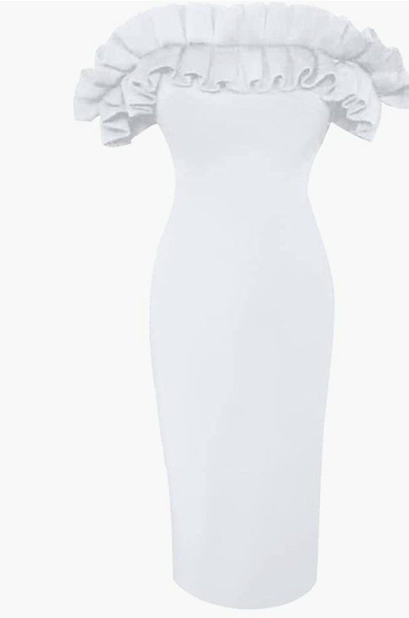 White Women's Elegant Ruffle Off Shoulder Back Split Bodycon Short Sleeve Midi Party Dress