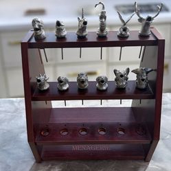 Menagerie Themed Metal Wine Pourers-Set of 12 with Wood Base Used Good Condition
