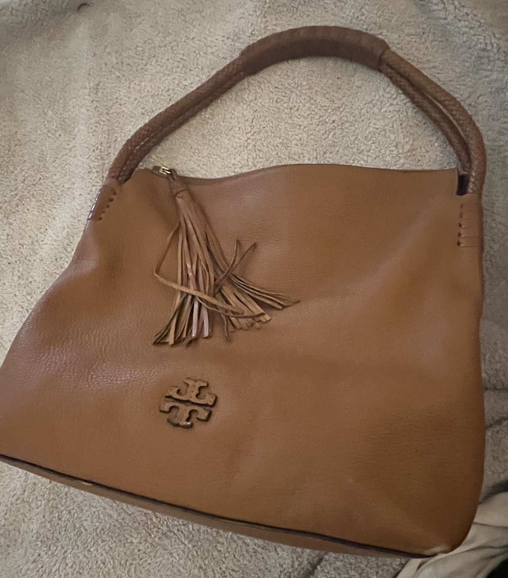 Tory Burch Tan Leather Hobo Bag with Braided Handle/Tassel