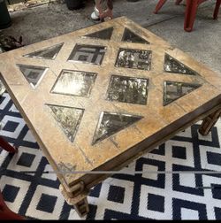 Square Coffee Table Wood & Glass Mirrored Inlay Top, Geometric, Brown