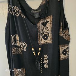 T & Company Sleeveless Tunic Maxi Dress With Chain Accent Size 8P Black/Brown 