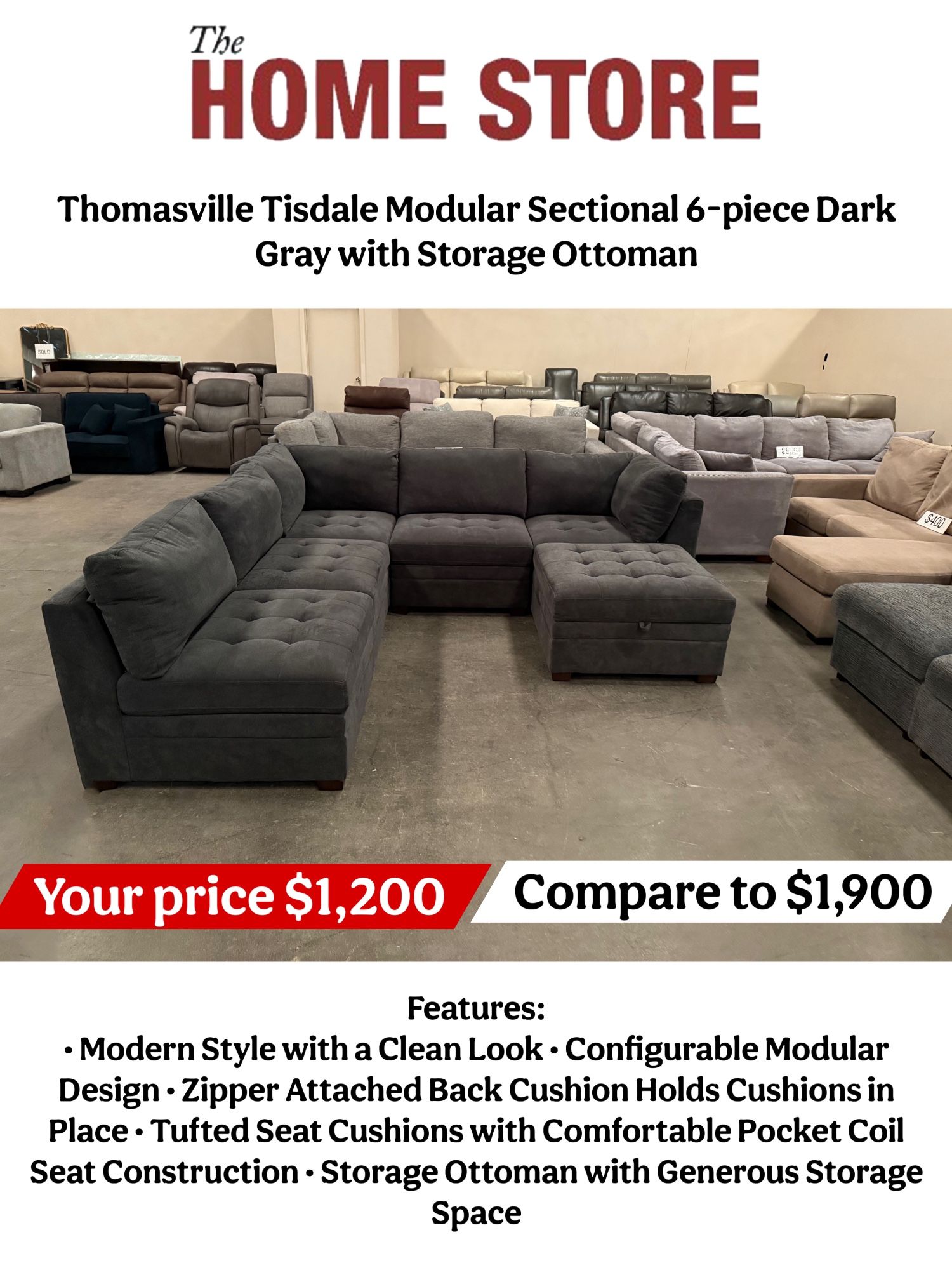 Thomasville Tisdale Modular Sectional 6-piece Dark Gray with Storage Ottoman
