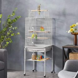 Metal Bird Cage w/Stand Wheels, Light Gray
