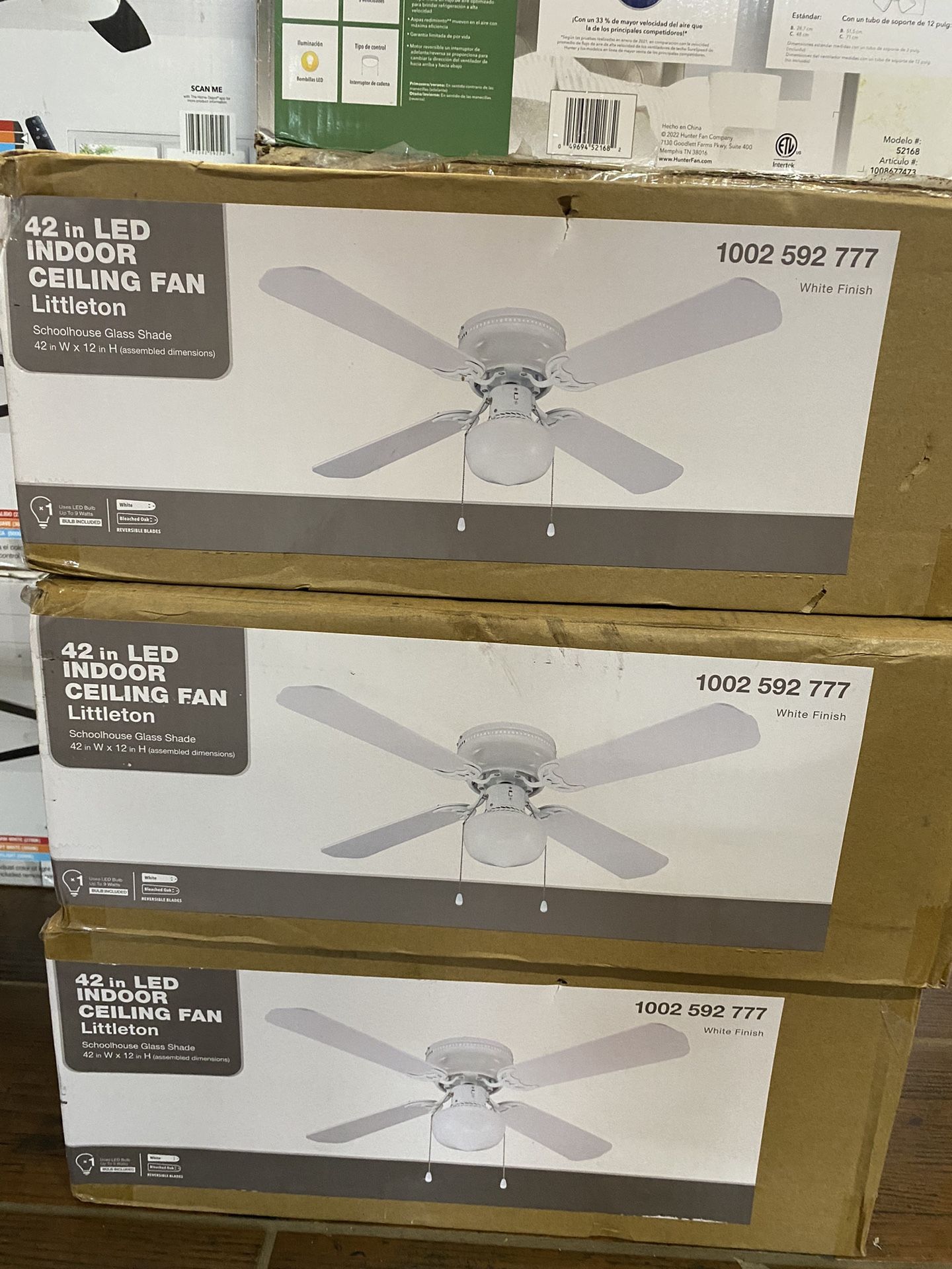 NEW Littleton 42 in. LED Indoor White Ceiling Fan with Light Kit- $30 EA