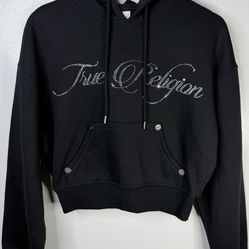 True Religion Cropped Hoodie Rhinestone Script Crown Black Size S