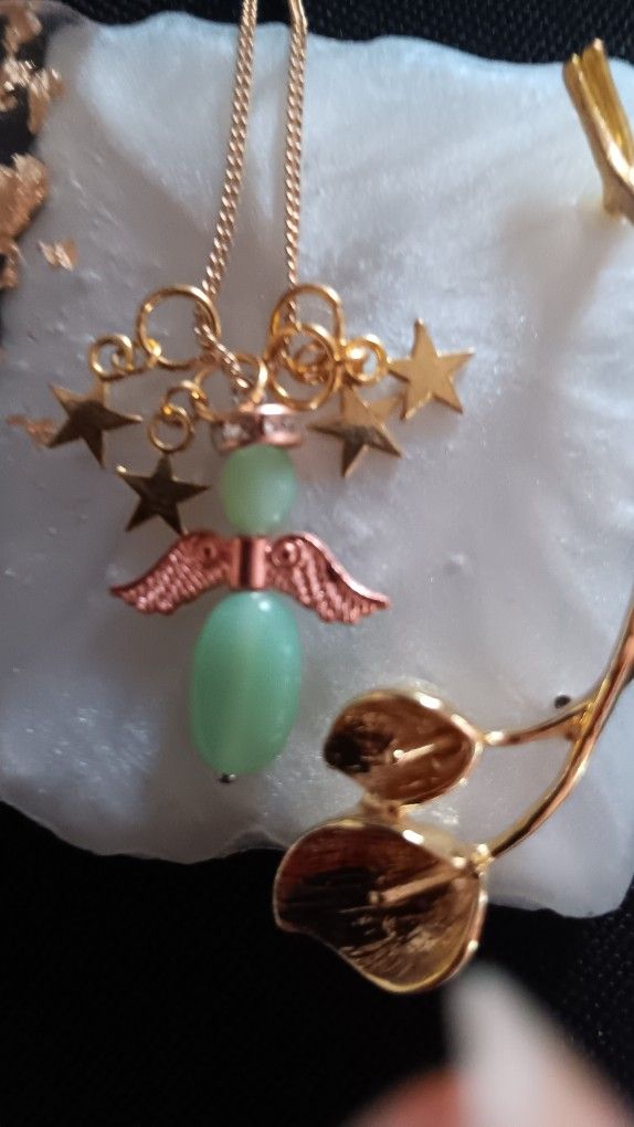 Jade Angel With 4 Stars On Gold-plated Necklace