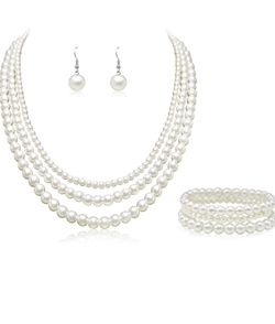 Pearl Necklaces for Women Cream White Dainty Layered Pearl Strand Necklaces Earrings Bracelets Set Costume Jewelry for Birthday Bridal Wedding Tea Par