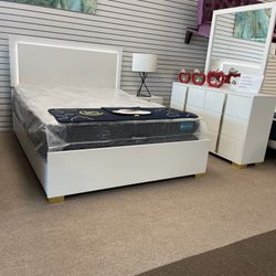Modern White & Gold Bedroom Set with LED Bed – Queen Size