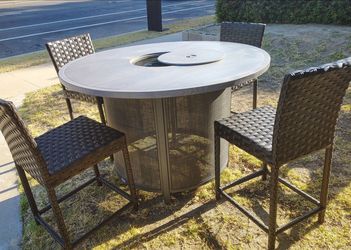Outdoor patio counter height firepit table with 4 chairs
