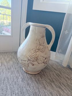 Pottery Barn Ceramic Double-Handle Vase with Leaf Relief