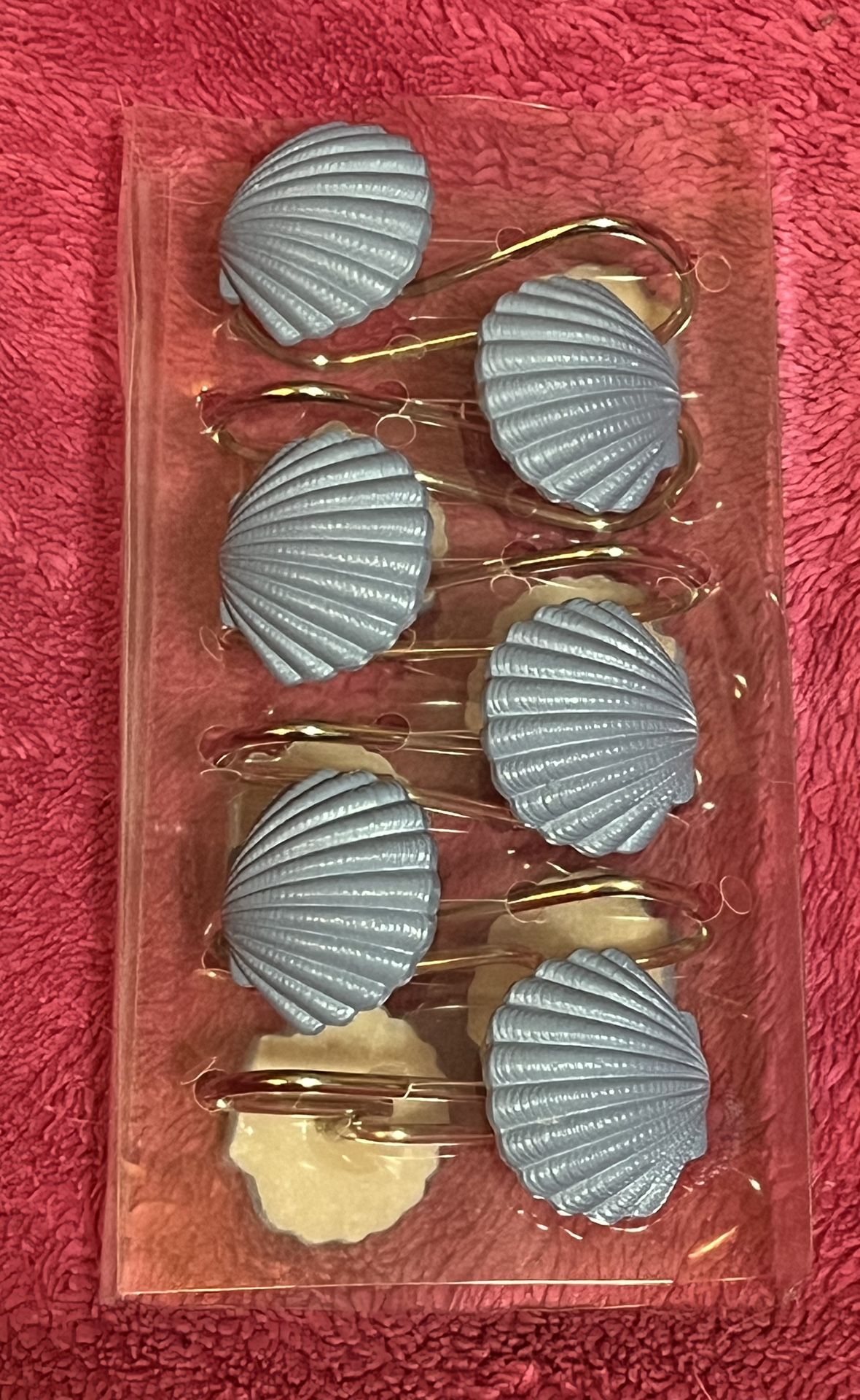 Coastal Blue Seashells Set Of 12 Ceramic & Metal Shower Curtain Hooks NEW in Package!
