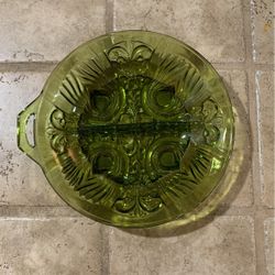 Vintage Indiana Green Glass Divided Dish Footed Relish Round Tray Antique 