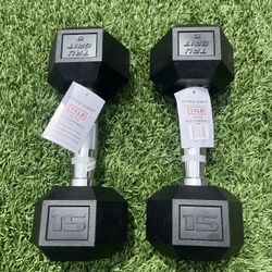 BRAND NEW 15 LB RUBBER HEX DUMBBELLS SET