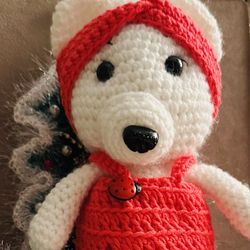 New Handmade Crotchet White Teddy Bear Girl In A Cute Dress With A Lady Bug