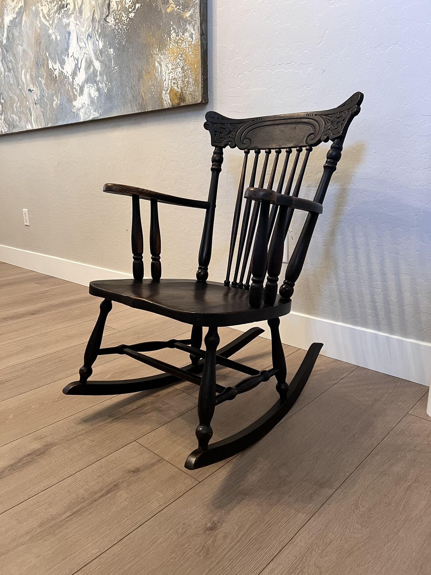 Antique Distressed Black Solid Wood Rocking Chair With Gorgeous Detailed Trim