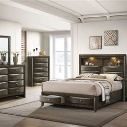 Brand New Gray Or Black Queen LED Captain Bedframe + Dresser + Mirror + Nightstand 4PCs Set